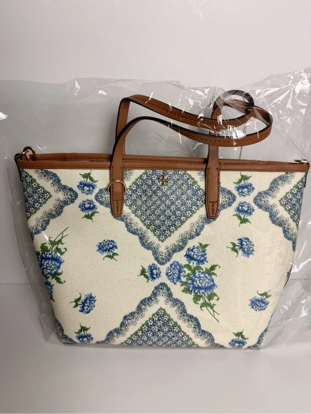 Tory Burch Kerrington Small Zip Tote Terrace Ditsy Floral Cloud Blue Brown